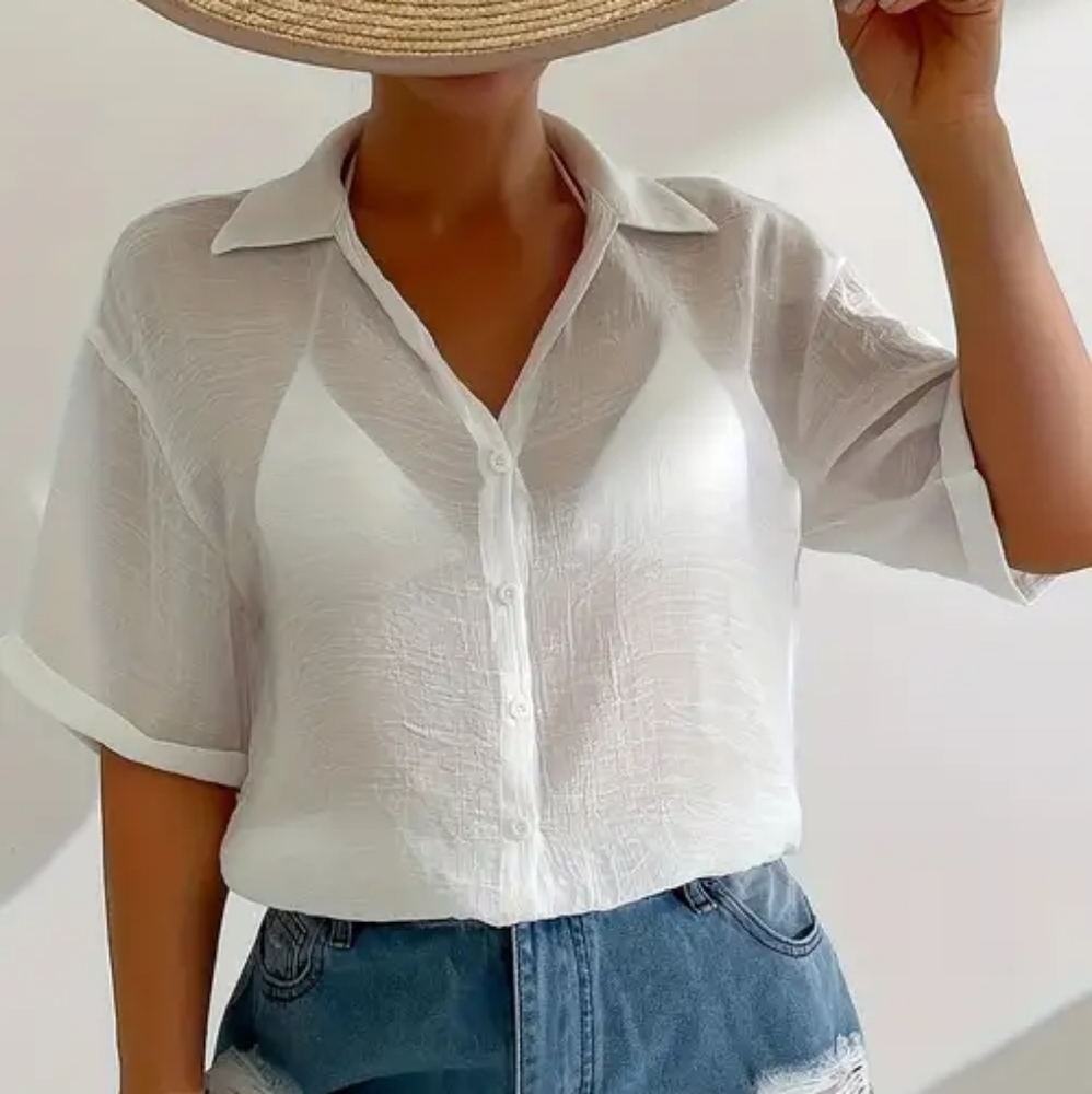 Women’s White Semi-Sheer Button-Up Blouse
